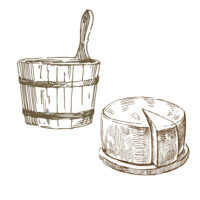 secchio Calabrialleva Formaggi tipici calabresi illustrazione di una forma di formaggio e di un utensile per la sua realizzazione